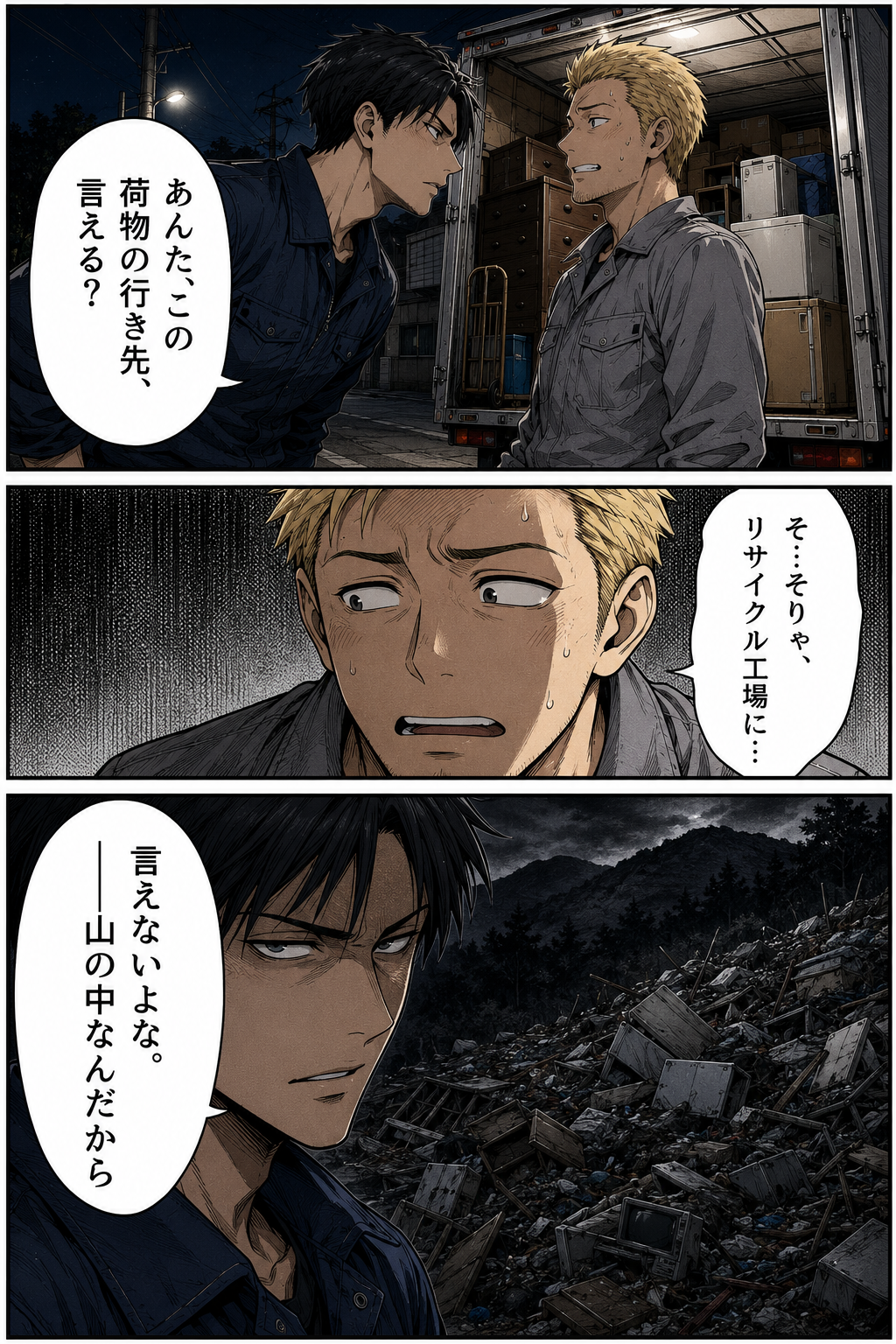 第1話 10ページ目｜「あんた、この荷物の行き先、言える？」「そ…そりゃ、リサイクル工場に…」。山中に不法投棄された家電の山。「言えないよな。——山の中なんだから」