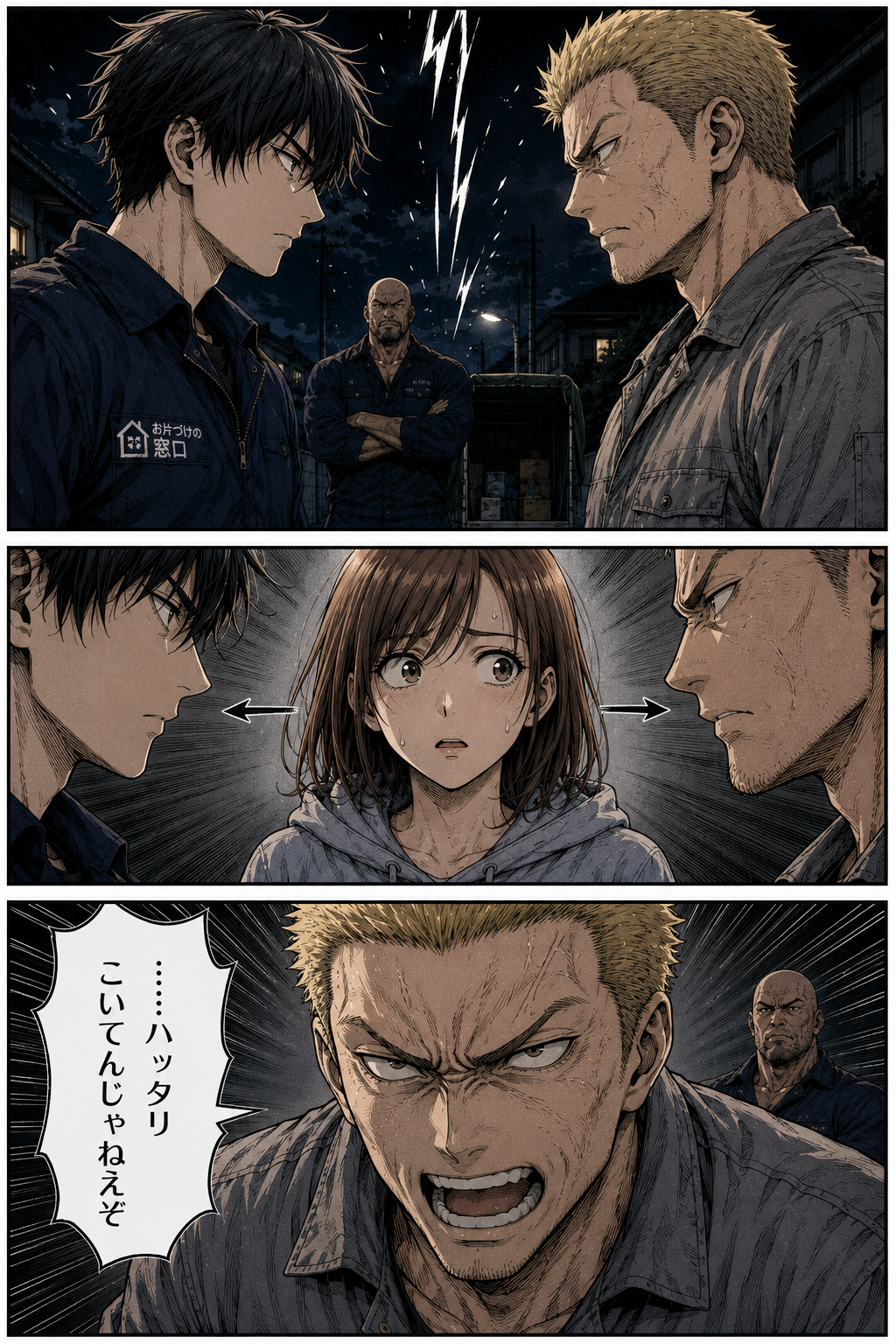 第1話 11ページ目｜睨み合うカイと金髪の男、その間で立ちすくむ依頼者の女性。「……ハッタリこいてんじゃねえぞ」