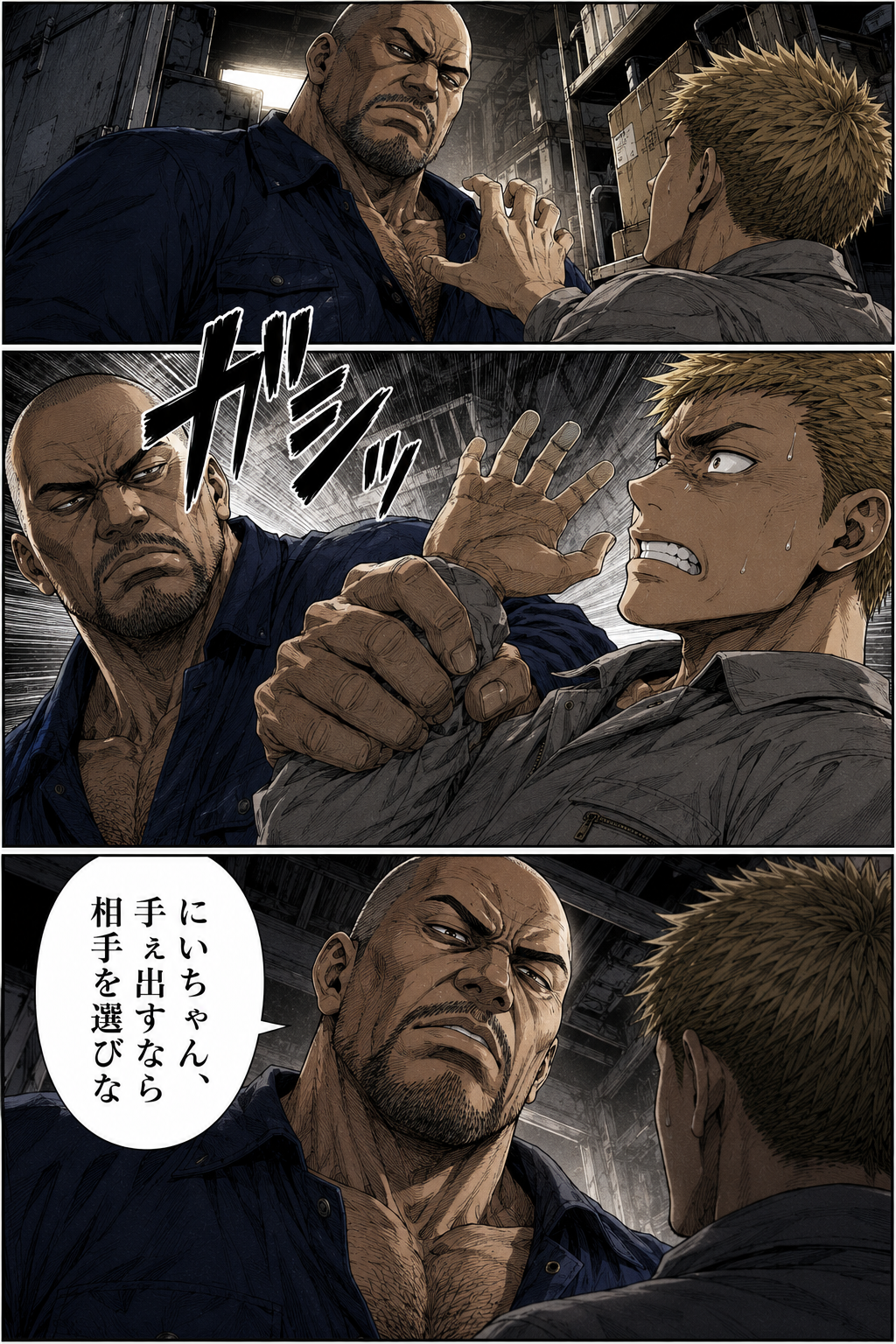 第1話 12ページ目｜手を出そうとした金髪の男の腕を、権田が掴む。「にいちゃん、手ぇ出すなら相手を選びな」