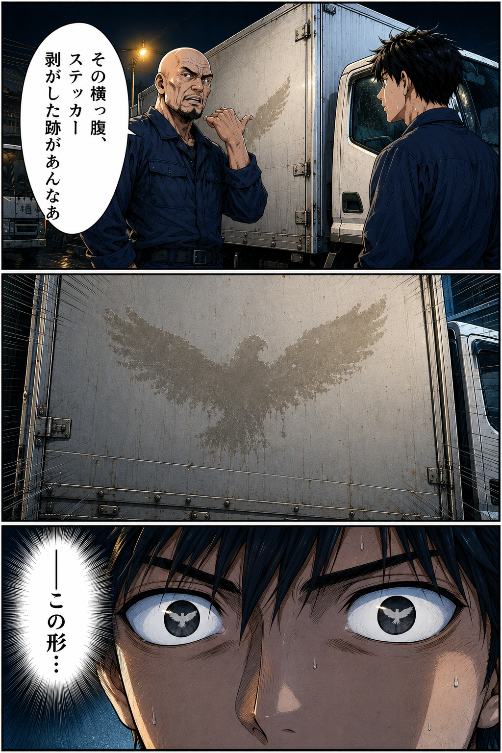 第1話 13ページ目｜権田が指さす。「その横っ腹、ステッカー剥がした跡があんなあ」。トラックの側面に残る鷲のマークの跡。「——この形…」
