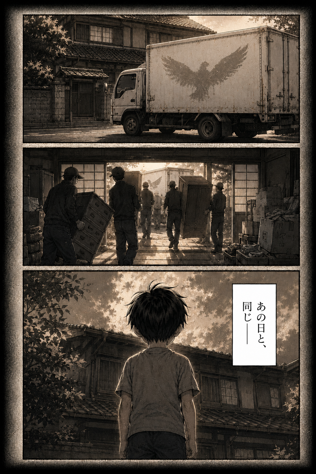第1話 14ページ目｜回想。鷲のマークのトラックが古い家に横づけされ、作業員たちが家財を運び出していく。それを見つめる少年。「あの日と、同じ——」