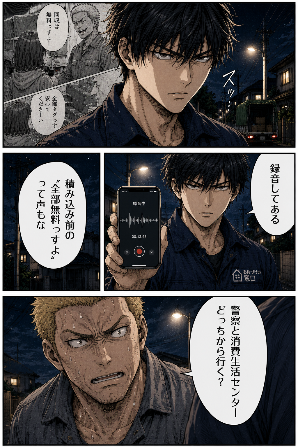 第1話 15ページ目｜カイがスマホの録音画面を見せる。「録音してある」「積み込み前の“全部無料っすよ”って声もな」「警察と消費生活センター、どっちから行く？」
