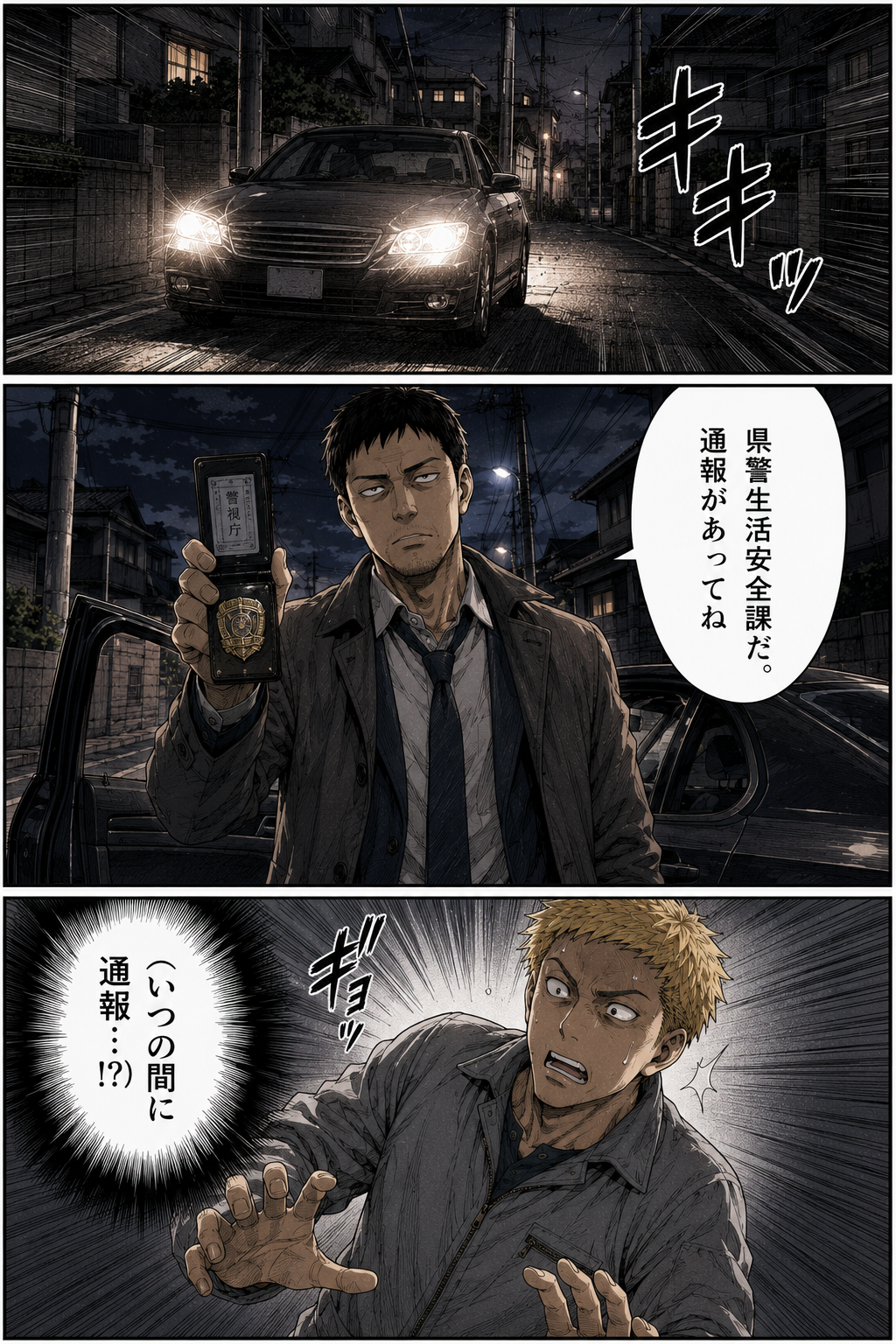 第1話 16ページ目｜覆面パトカーが停まり、犬飼刑事が警察手帳を示す。「県警生活安全課だ。通報があってね」。動揺する金髪の男。「（いつの間に通報…!?）」