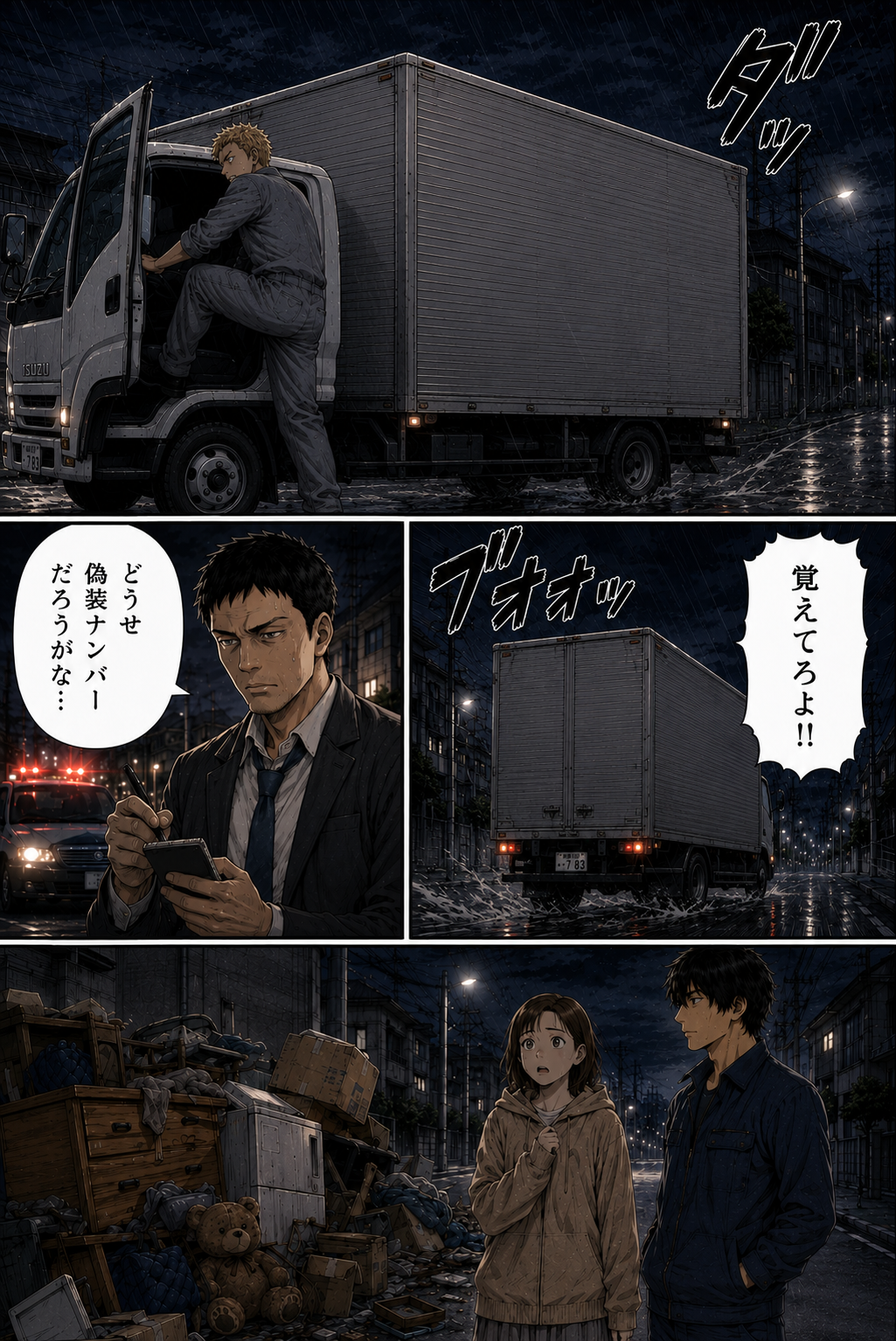 第1話 17ページ目｜雨の中、トラックで逃走する男。「覚えてろよ!!」。ナンバーを控える犬飼刑事。「どうせ偽装ナンバーだろうがな…」。降ろされた家財の前に立つ女性とカイ。