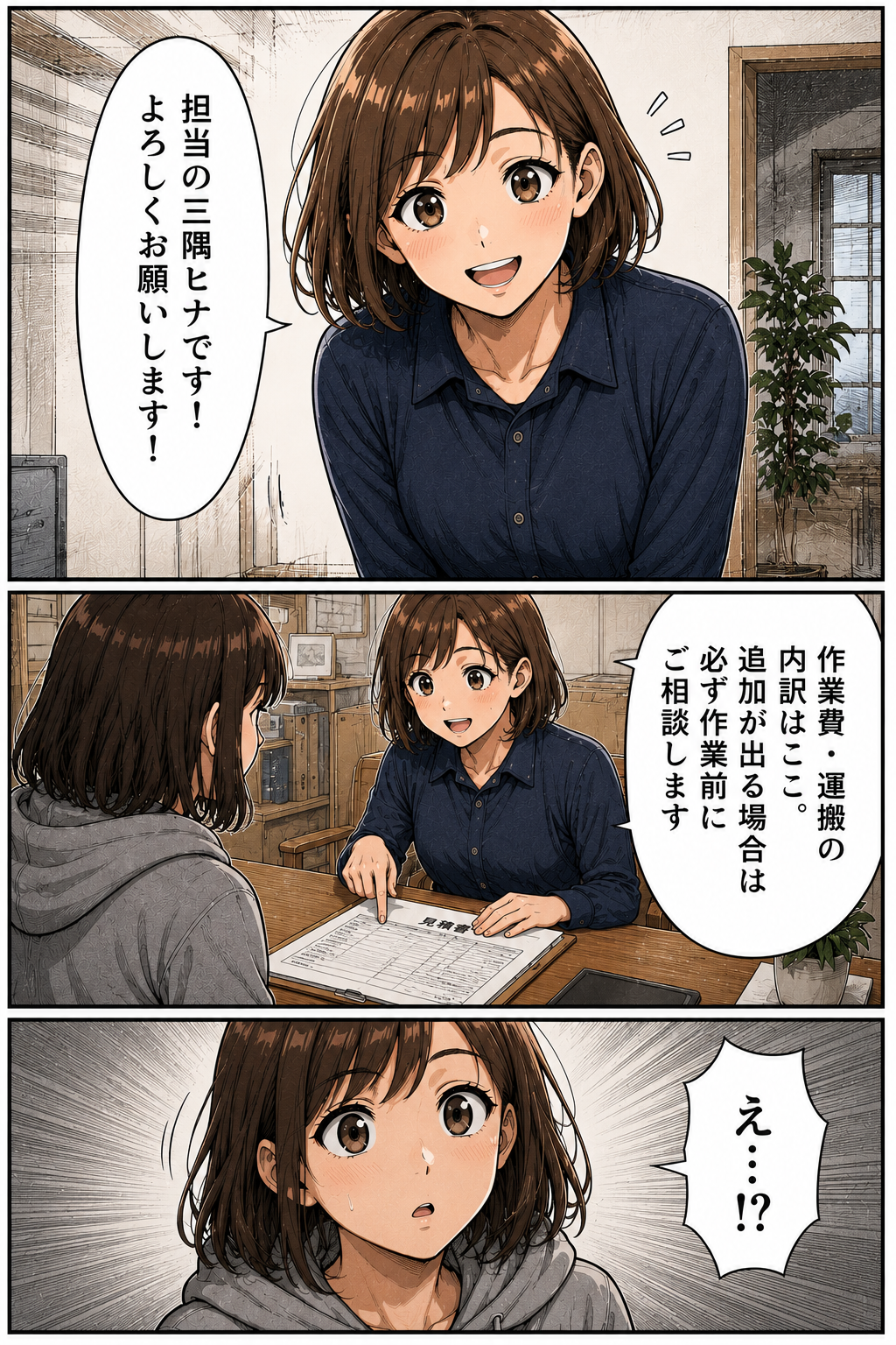 第1話 19ページ目｜相談員が名乗る。「担当の三隅ヒナです！よろしくお願いします！」。見積書を指して「作業費・運搬費の内訳はここ。追加が出る場合は必ず作業前にご相談します」「え…!?」