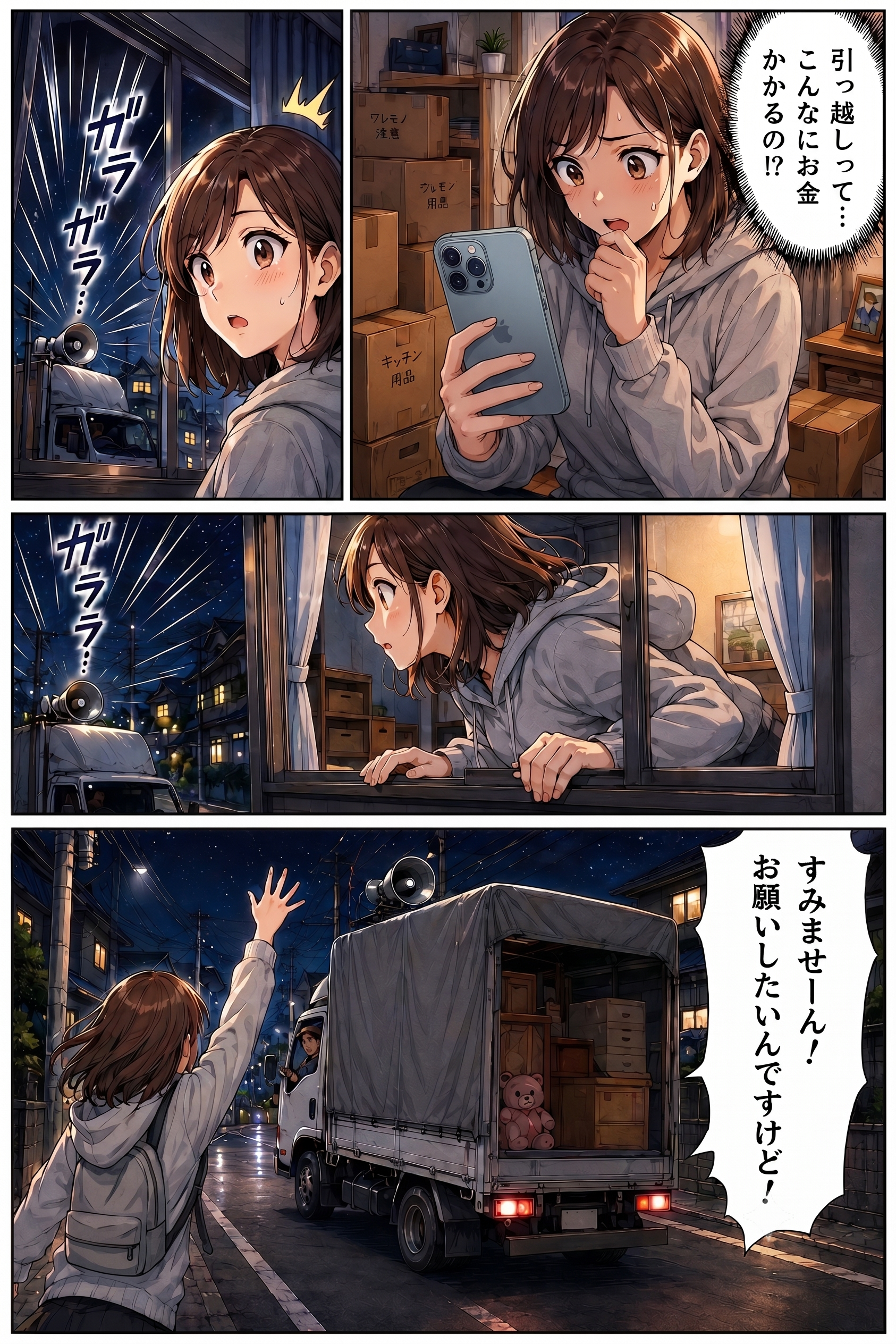 第1話 2ページ目｜引っ越しの見積もりを見て青ざめる女性。「引っ越しって…こんなにお金かかるの!?」窓の外の声を聞き、トラックを呼び止める。「すみませーん！お願いしたいんですけど！」