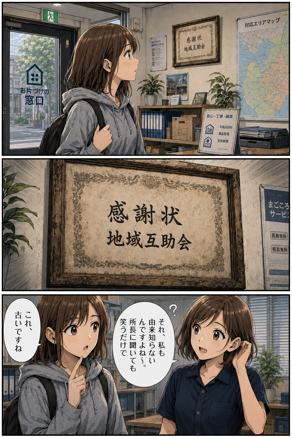 第1話 21ページ目｜事務所の壁に飾られた古い感謝状「地域互助会」。「これ、古いですね」「それ、私も由来知らないんですよね〜。所長に聞いても笑うだけで」