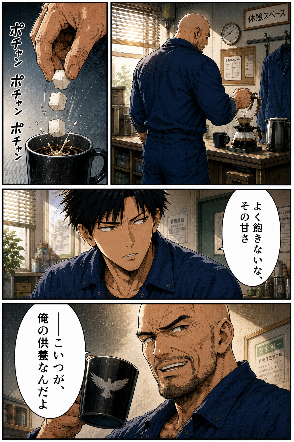第1話 22ページ目｜休憩スペース。権田がコーヒーに角砂糖をいくつも落とす。カイ「よく飽きないな、その甘さ」「——こいつが、俺の供養なんだよ」。鷲のマークの入ったマグカップ。