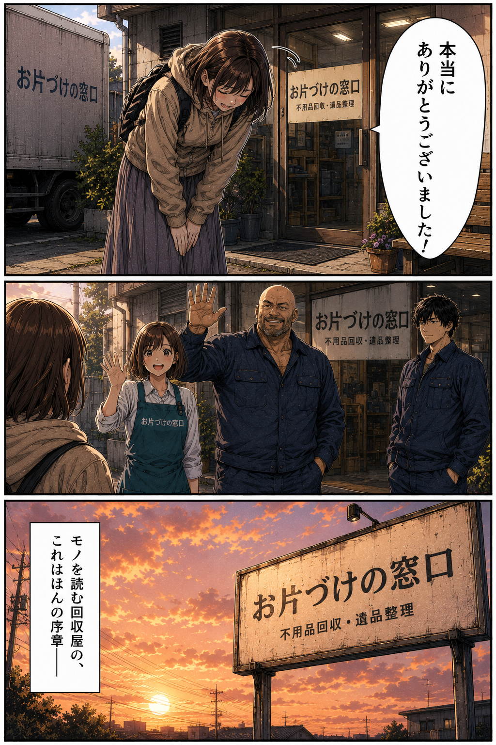 第1話 23ページ目｜「本当にありがとうございました！」と頭を下げる依頼者を見送るスタッフ。夕暮れの「お片づけの窓口 不用品回収・遺品整理」の看板。「モノを読む回収屋の、これはほんの序章——」