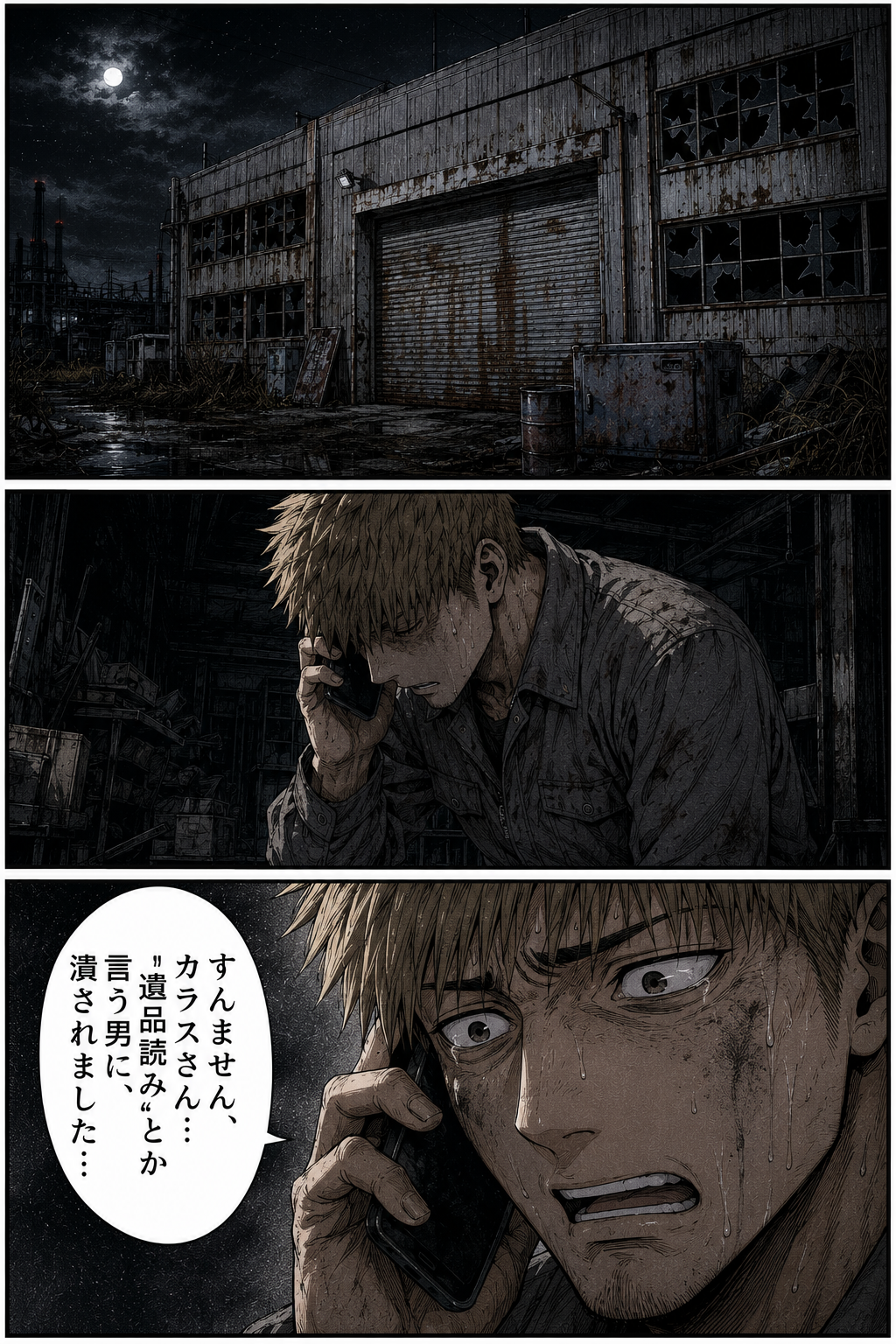 第1話 24ページ目｜深夜の廃工場。逃げた金髪の男が電話をかける。「すんません、カラスさん…“遺品読み”とか言う男に、潰されました…」