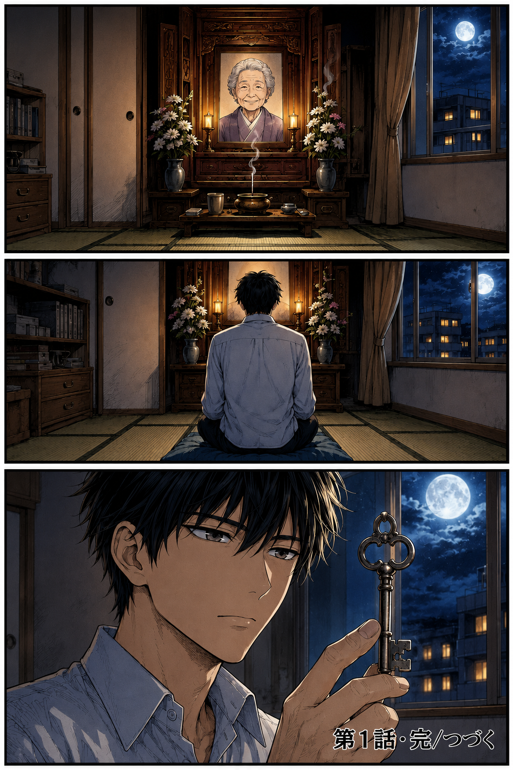 第1話 27ページ目｜祖母の遺影を納めた仏壇に手を合わせる灰谷カイ。月明かりの下、古い鍵を見つめる。「第1話・完／つづく」