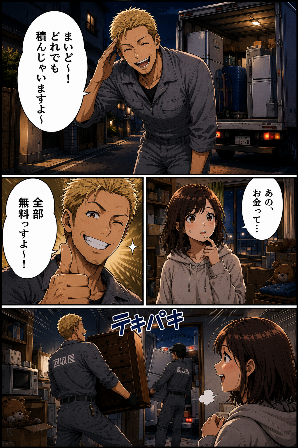 第1話 3ページ目｜「回収屋」の作業服を着た金髪の男が笑顔で応じる。「まいど〜！どれでも積んじゃいますよ〜」「全部無料っすよ〜！」不安げに尋ねる女性。「あの、お金って…」