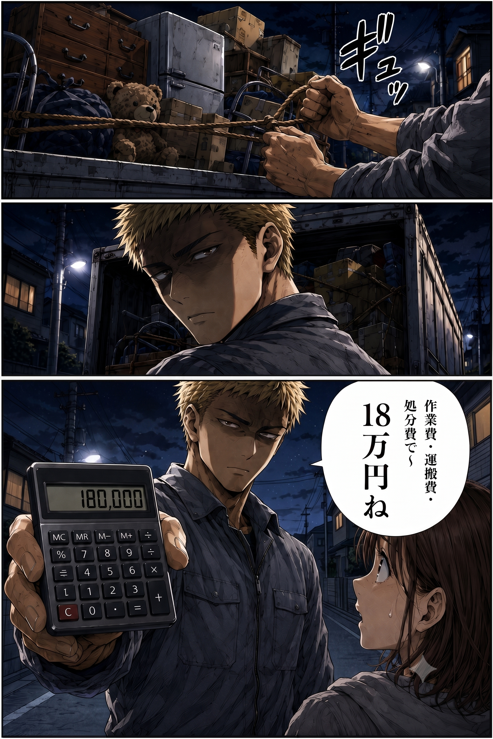 第1話 4ページ目｜家財を積み終え、ロープを締める作業員。電卓に180,000と表示して突きつける。「作業費・運搬費・処分費で〜18万円ね」