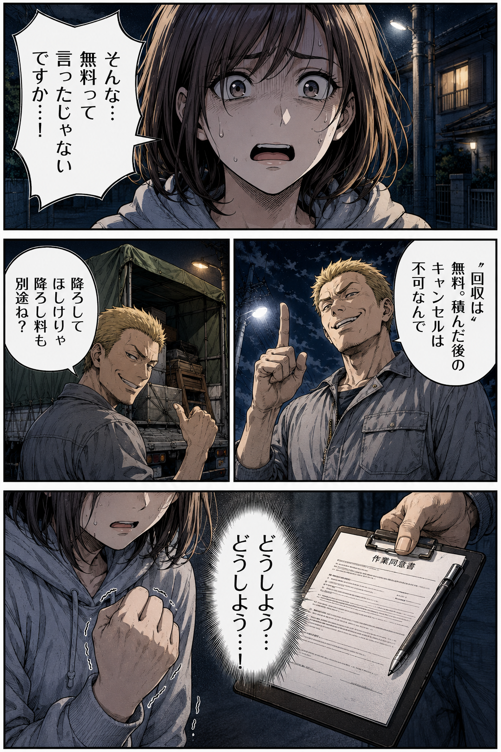 第1話 5ページ目｜「そんな…無料って言ったじゃないですか…！」「“回収は”無料。積んだ後のキャンセルは不可なんで」「降ろしてほしけりゃ降ろし料も別途ね？」作業同意書を差し出され、女性の手が震える。