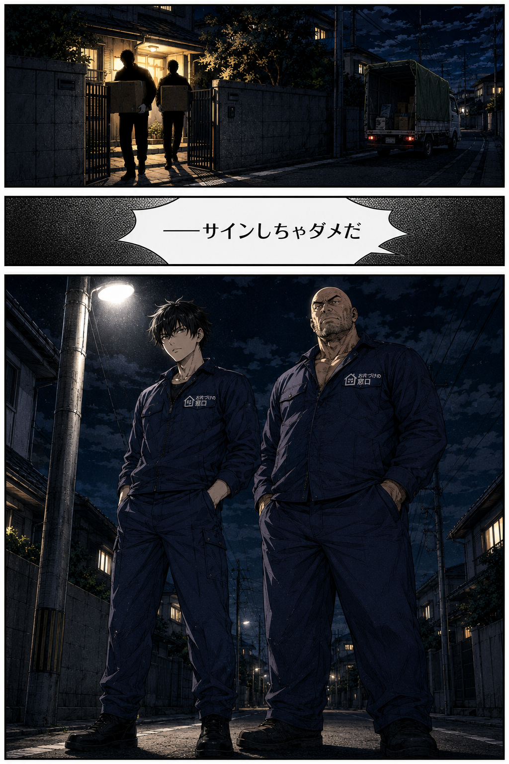 第1話 6ページ目｜ナレーション「——サインしちゃダメだ」。街灯の下に、「お片づけの窓口」の作業服を着た灰谷カイと権田が立つ。