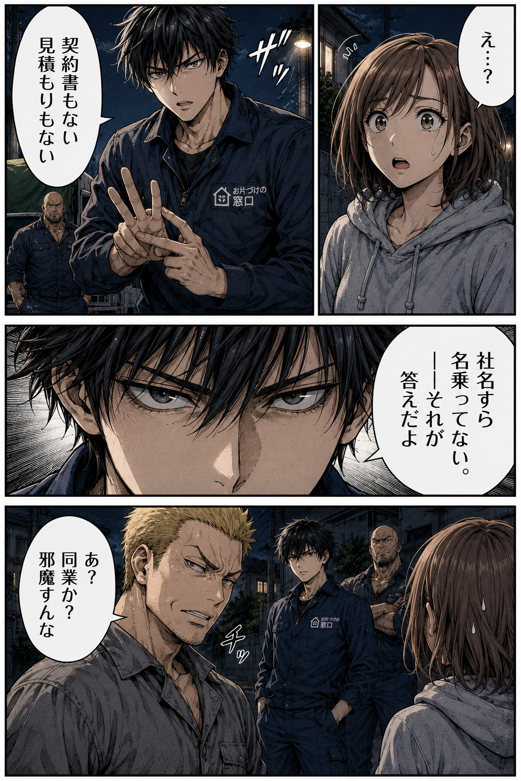 第1話 7ページ目｜カイが指を折って数える。「契約書もない 見積もりもない」「社名すら名乗ってない。——それが答えだよ」。金髪の男が凄む。「あ？同業か？邪魔すんな」