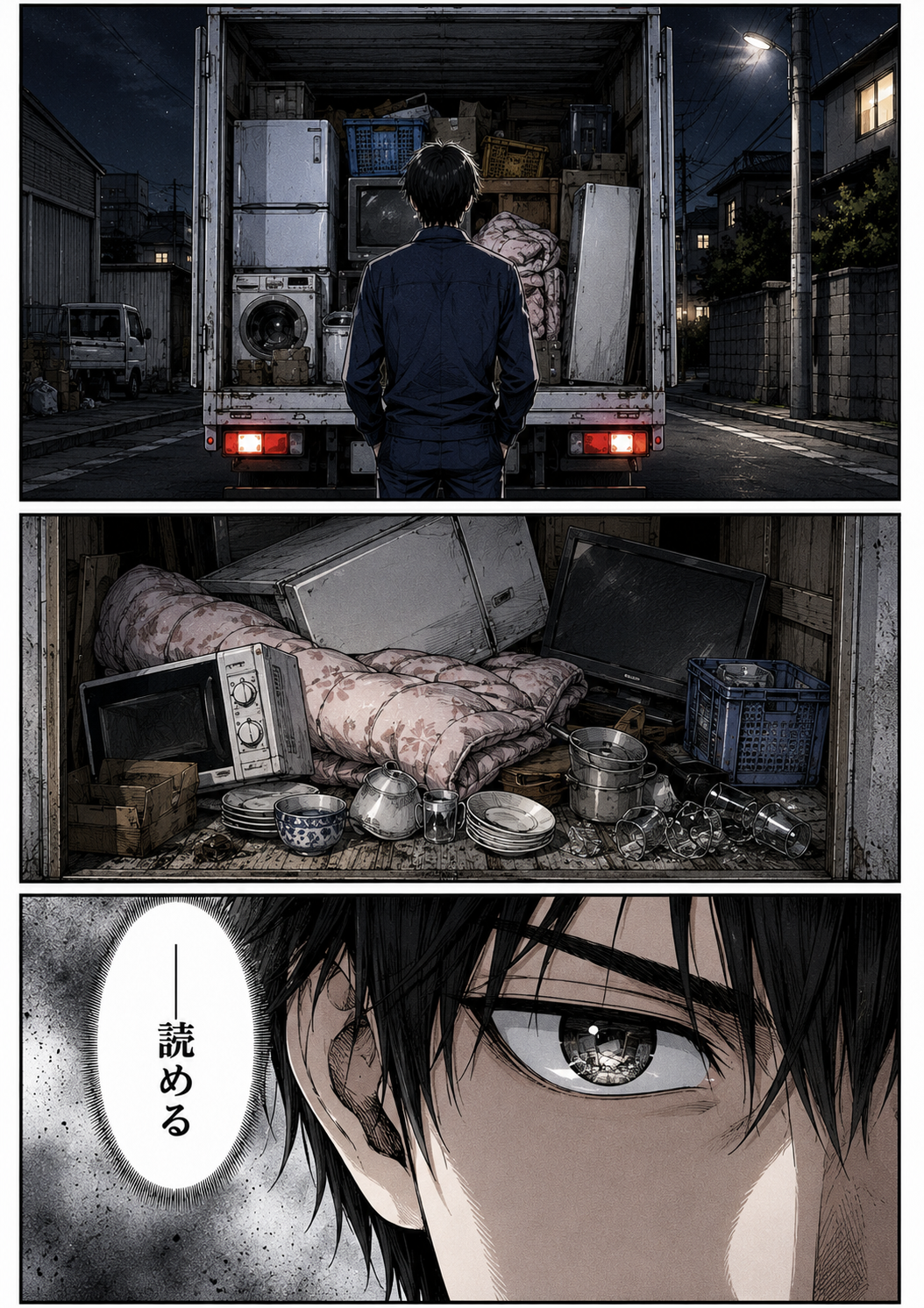 第1話 8ページ目｜トラックの荷台を見つめるカイ。家電の下に敷かれた布団、転がる食器。「——読める」