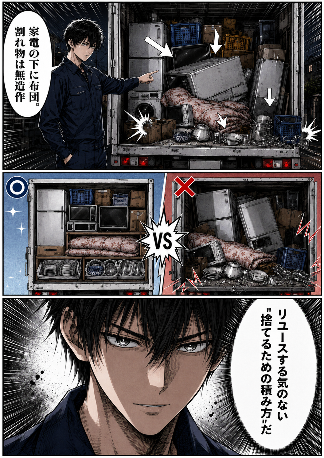 第1話 9ページ目｜「家電の下に布団。割れ物は無造作」。ていねいな積み方と雑な積み方を◯×で対比。「リユースする気のない“捨てるための積み方”だ」