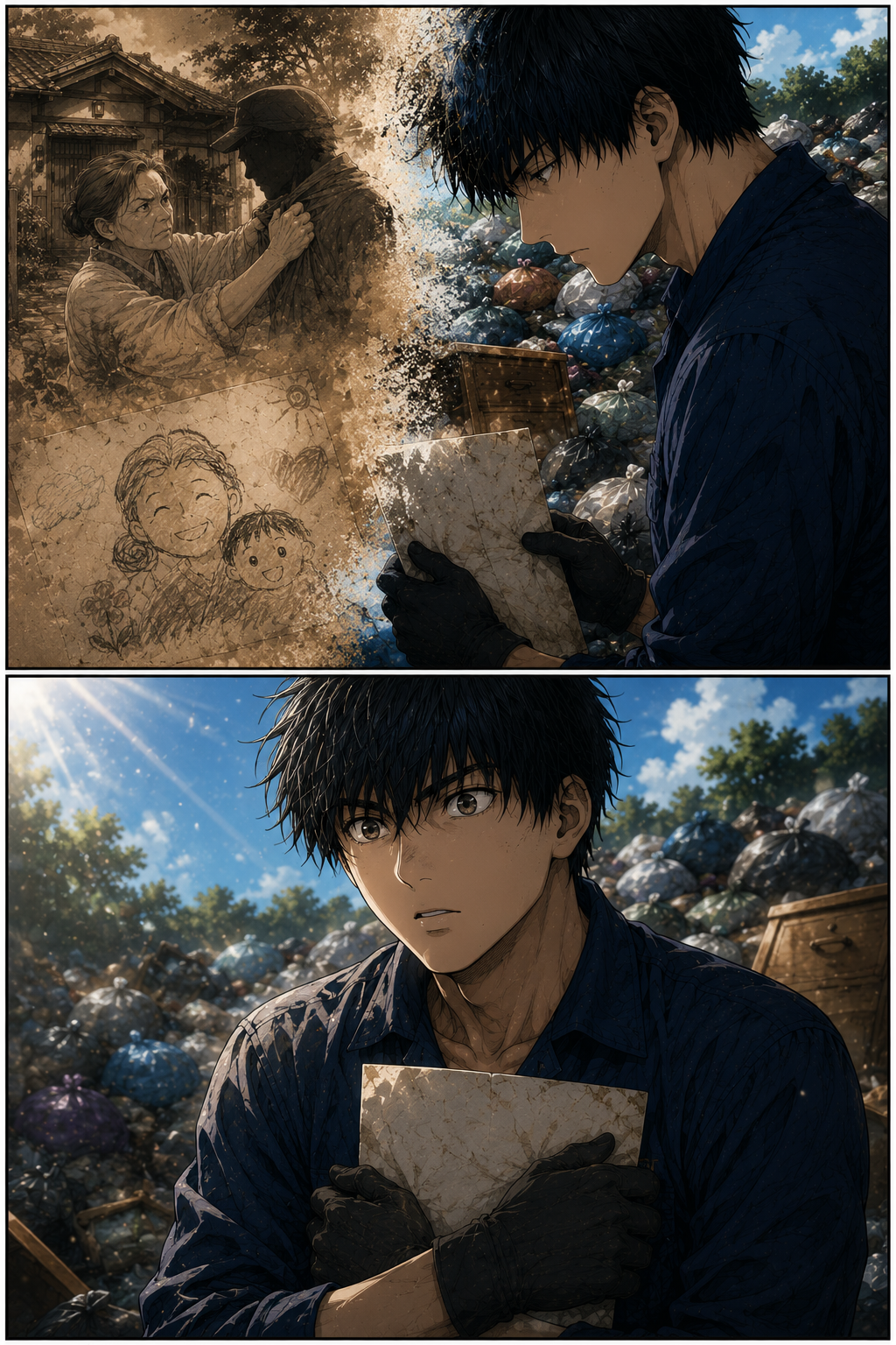 第2話 10ページ目｜回想と現在が重なる。カイの手にした絵と、祖母を思わせる記憶——。空を見上げるカイの瞳に、かすかな痛みがよぎる。