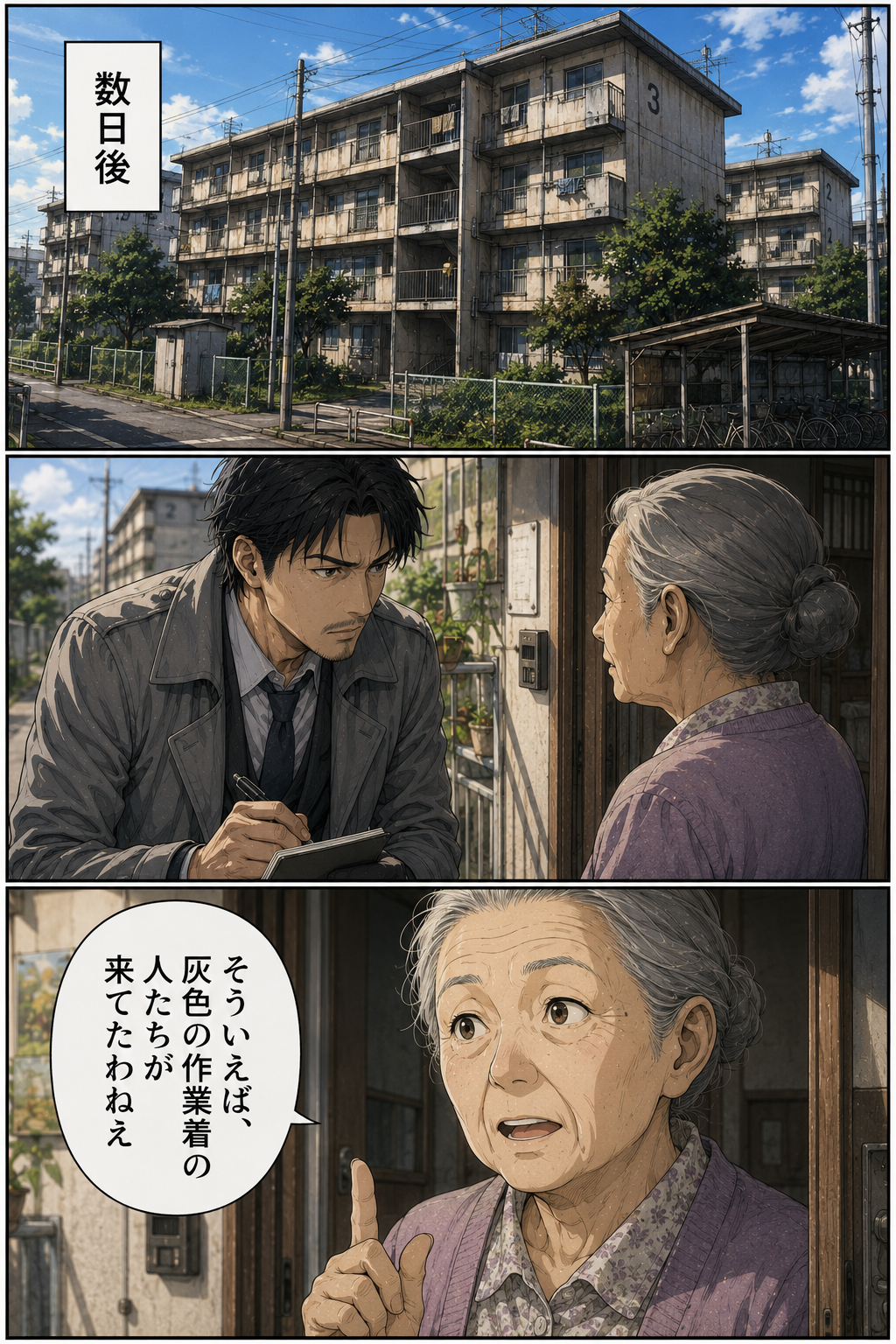 第2話 12ページ目｜数日後、団地の一室。聞き込みをする犬飼に、老女が思い出したように語る。「そういえば、灰色の作業着の人たちが来てたわねえ」