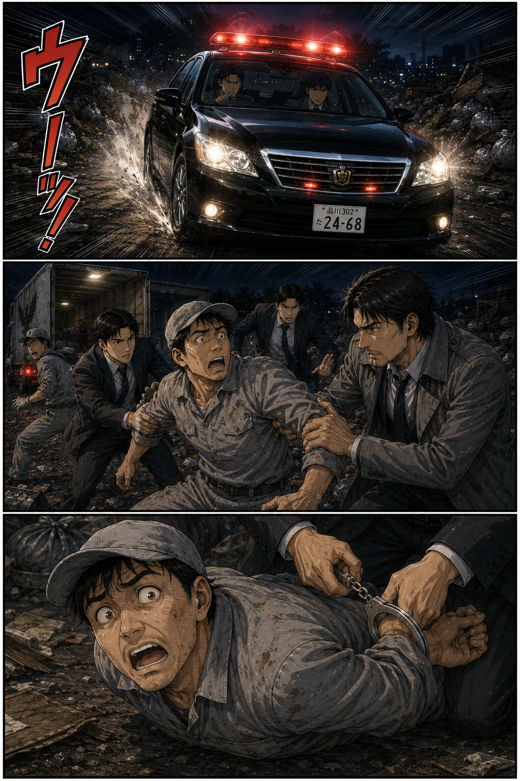 第2話 14ページ目｜「ウィーッ！」赤色灯を灯したパトカーが急行。逃げようとする作業員を警官たちが取り押さえ、手錠をかける。