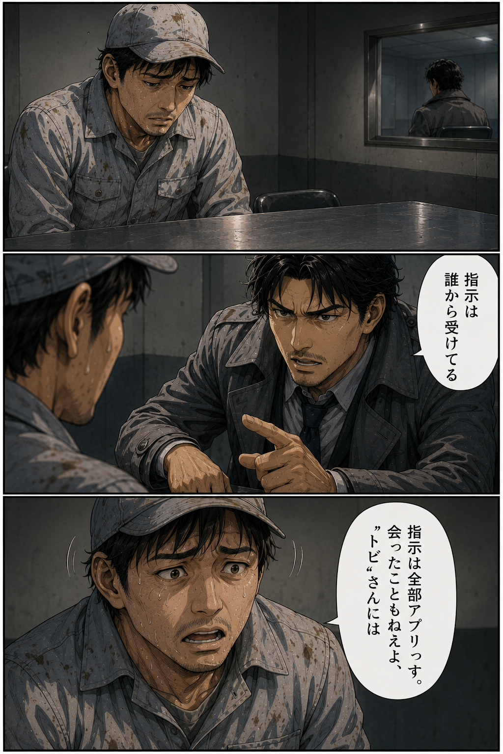 第2話 15ページ目｜取調室。犬飼が作業員を問い詰める。「指示は誰から受けてる」。作業員は震えながら答える。「指示は全部アプリっす。会ったこともねえよ、"トビ"さんには」