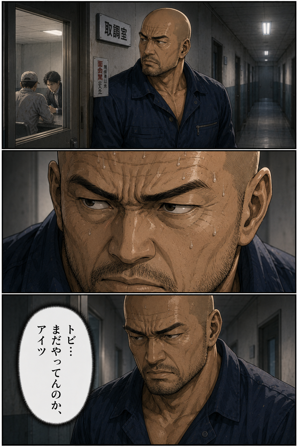 第2話 16ページ目｜取調室の外の廊下に立つ権田。中の様子を見つめるその表情が、みるみる険しくなる。「トビ…まだやってんのか、アイツ」
