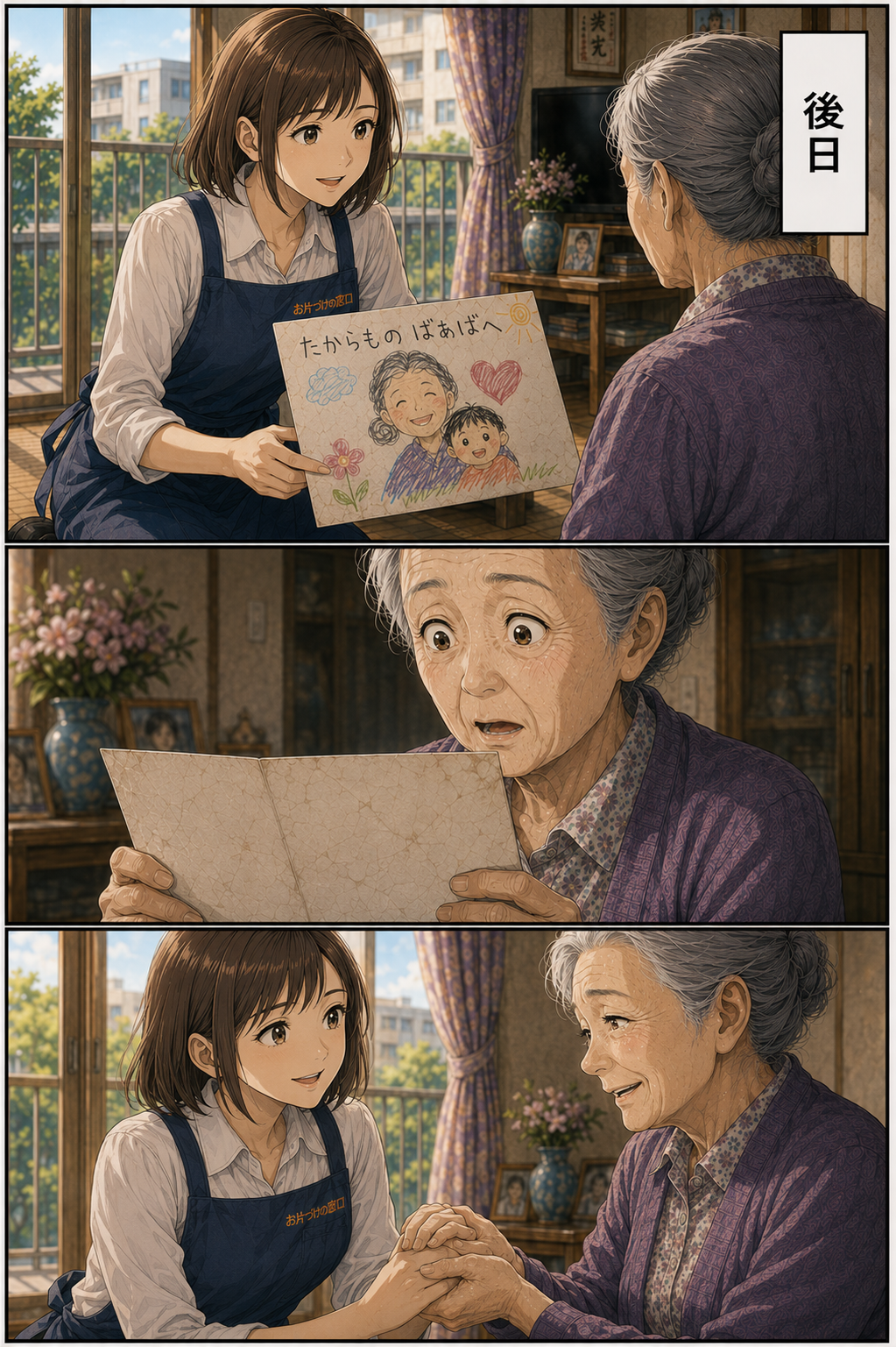 第2話 18ページ目｜後日、被害に遭った老女の自宅。三隅ヒナがクレヨンの絵を届けに来た。「たからもの ばあばへ」の絵を見て、老女は涙ぐむ。