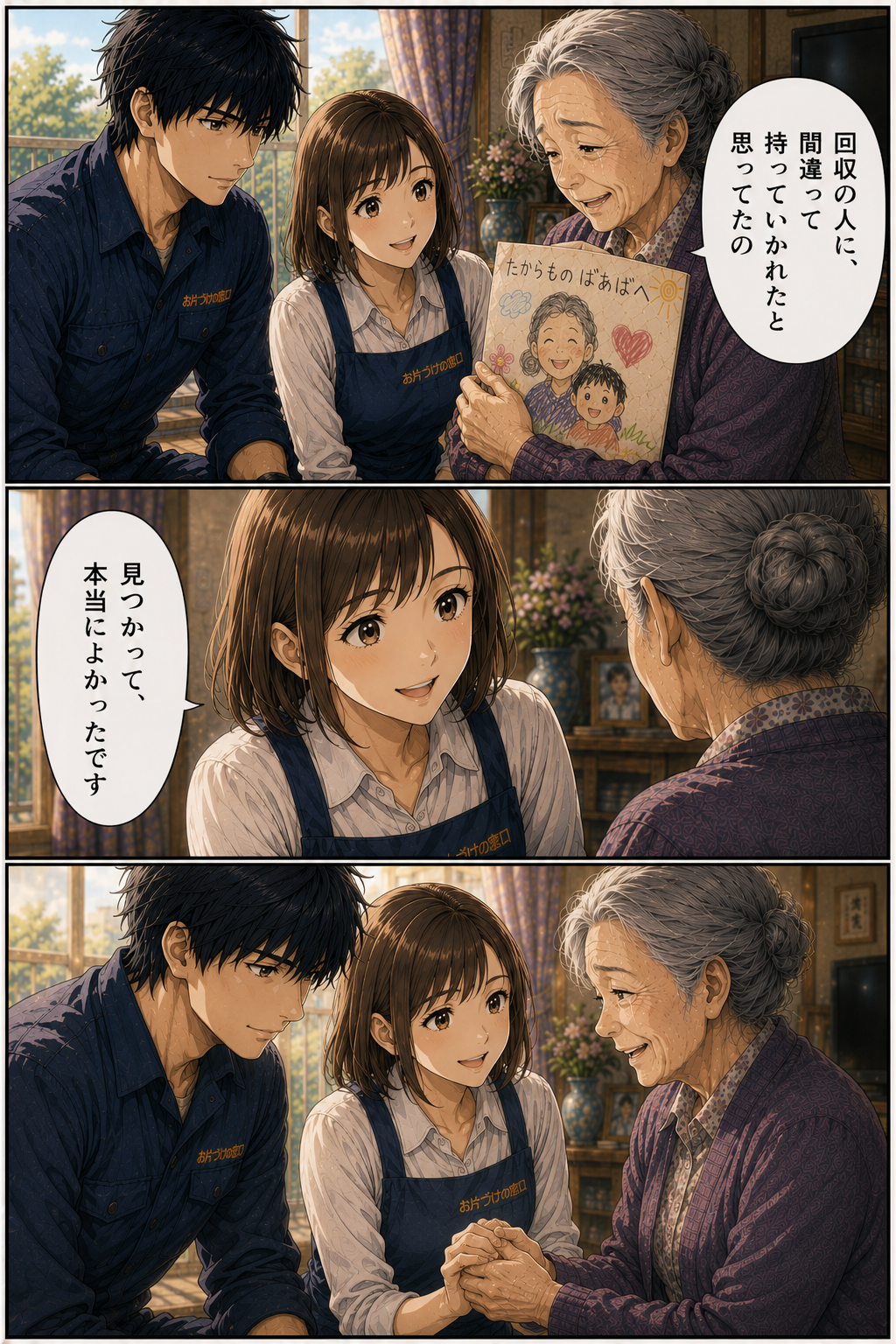 第2話 19ページ目｜カイも同席し、老女は語る。「回収の人に、間違って持っていかれたと思ってたの」。ヒナ「見つかって、本当によかったです」