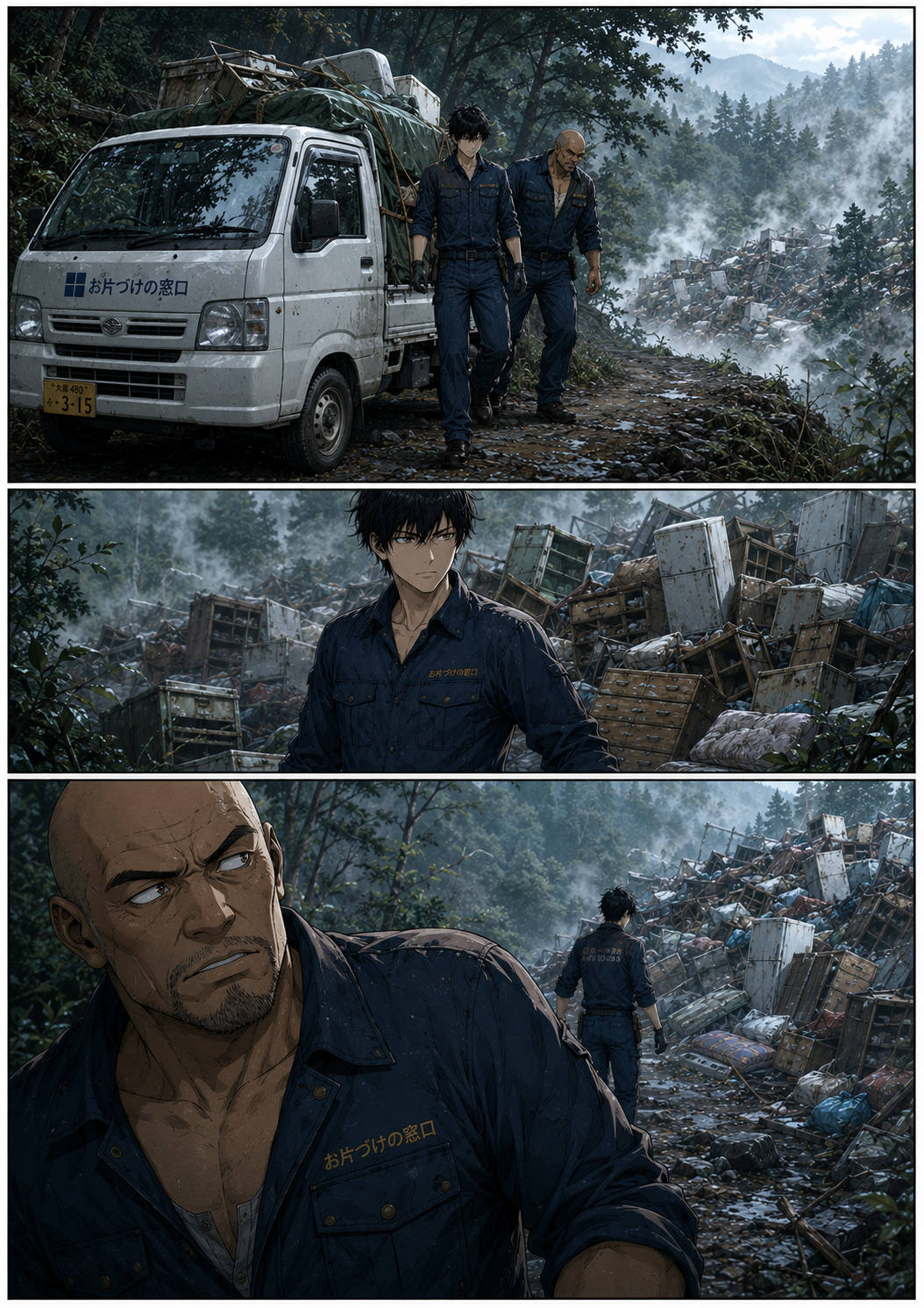 第2話 2ページ目｜お片づけの窓口のトラックで山道を進むカイと権田。無数の粗大ゴミが積み上げられた不法投棄現場に到着し、瓦礫の山を見つめる。