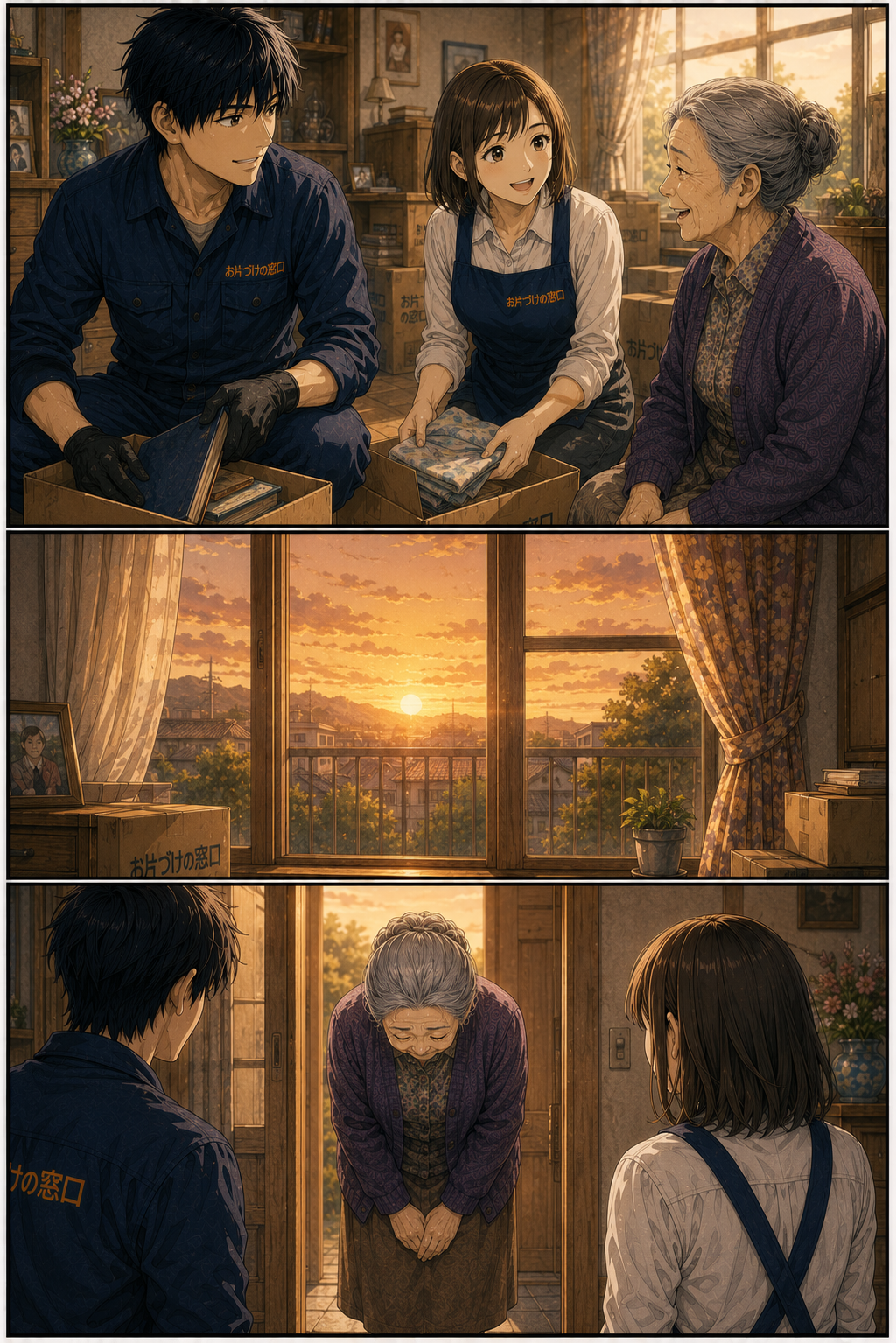 第2話 23ページ目｜カイとヒナが老女の部屋の片づけを手伝う。夕焼けに染まる部屋。老女は玄関先で深々と頭を下げ、二人を見送る。
