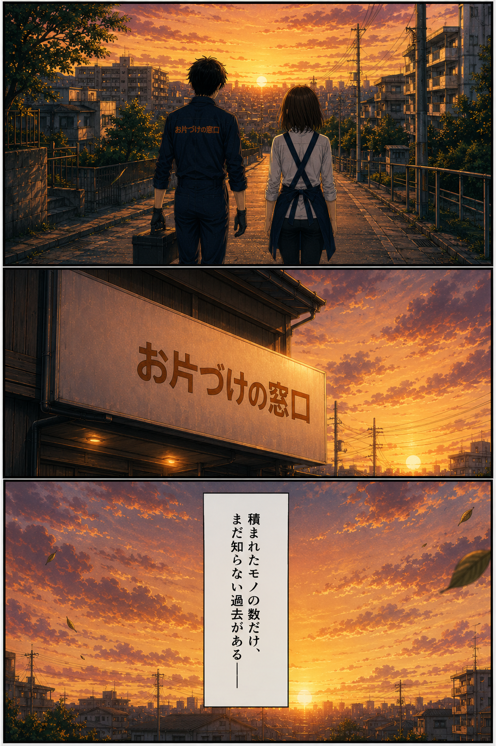 第2話 25ページ目｜夕焼けの中、並んで歩くカイとヒナ。「お片づけの窓口」の看板を見上げるふたり。ナレーション「積まれたモノの数だけ、まだ知らない過去がある——」