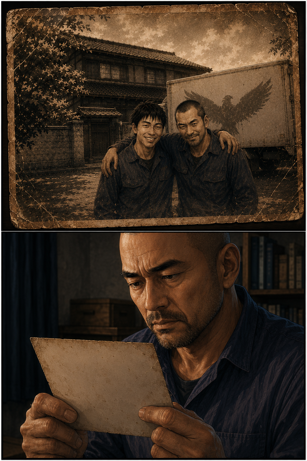 第2話 27ページ目｜若き日の権田と、鷲のマークのトラックの前で肩を組む男の写真。古びたセピア色の一枚を見つめる権田の表情が曇る。