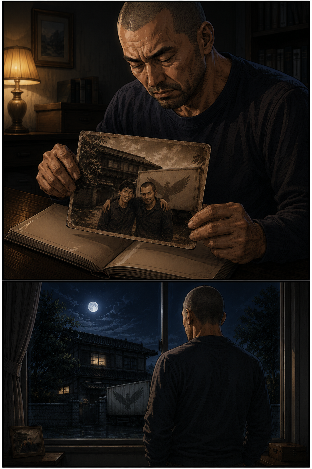 第2話 29ページ目｜写真を見つめたまま、権田は静かに窓の外を見やる。満月の夜、記憶の中の鷲のマークのトラックが古い家の前に浮かぶ。