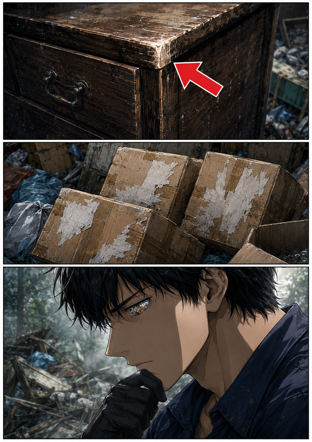 第2話 3ページ目｜積まれたタンスの角の変色、宛名を剥がした跡のある段ボール箱の山。カイが証拠を見つめ、思考を巡らせる。
