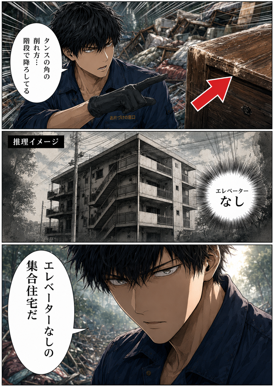 第2話 4ページ目｜カイ「タンスの角の削れ方…階段で降ろしてる」。エレベーターのない集合住宅を推理イメージで描写。「エレベーターなしの集合住宅だ」