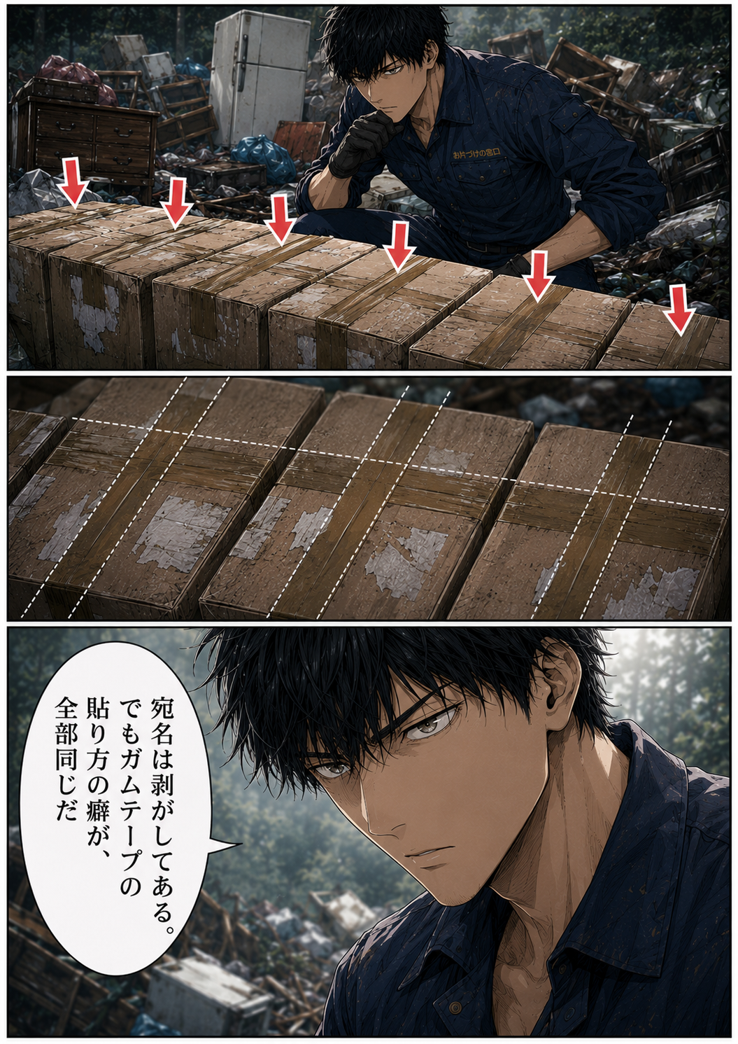第2話 5ページ目｜段ボール箱を調べるカイ。ガムテープの貼り方の癖に着目。「宛名は剥がしてある。でもガムテープの貼り方の癖が、全部同じだ」