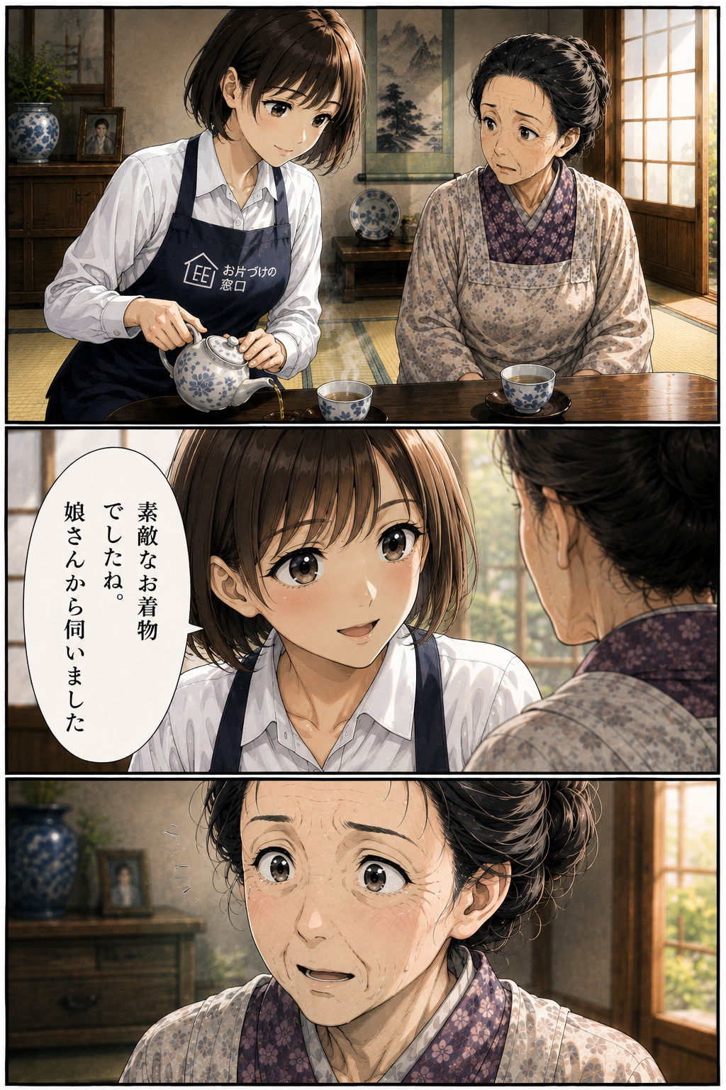 第3話 10ページ目｜ヒナがお茶を注ぎながら、やわらかく切り出す。「素敵なお着物でしたね。娘さんから伺いました」。老女がはっと顔を上げる。