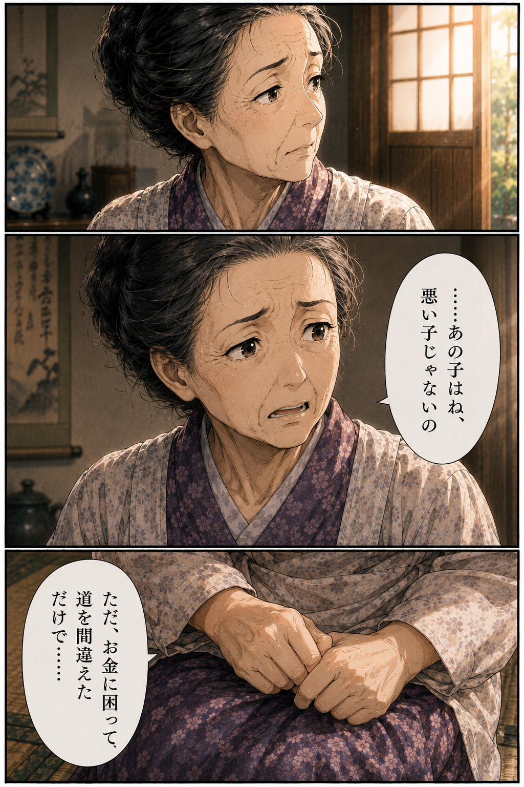 第3話 11ページ目｜老女がぽつりと語り出す。「……あの子はね、悪い子じゃないの」「ただ、お金に困って、道を間違えただけで……」