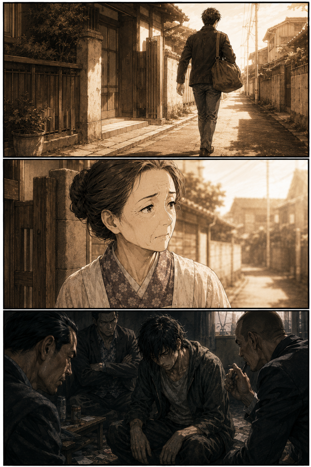 第3話 12ページ目｜回想。バッグを提げて家を出ていく息子の後ろ姿と、それを黙って見送る母。場面が変わり、薄暗い部屋で借金取りに囲まれ、うなだれる息子。