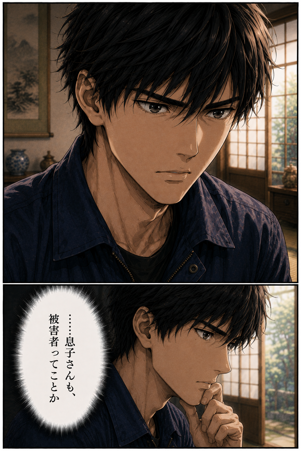 第3話 13ページ目｜話を聞き終えたカイが、あごに手を当てて考え込む。「……息子さんも、被害者ってことか」