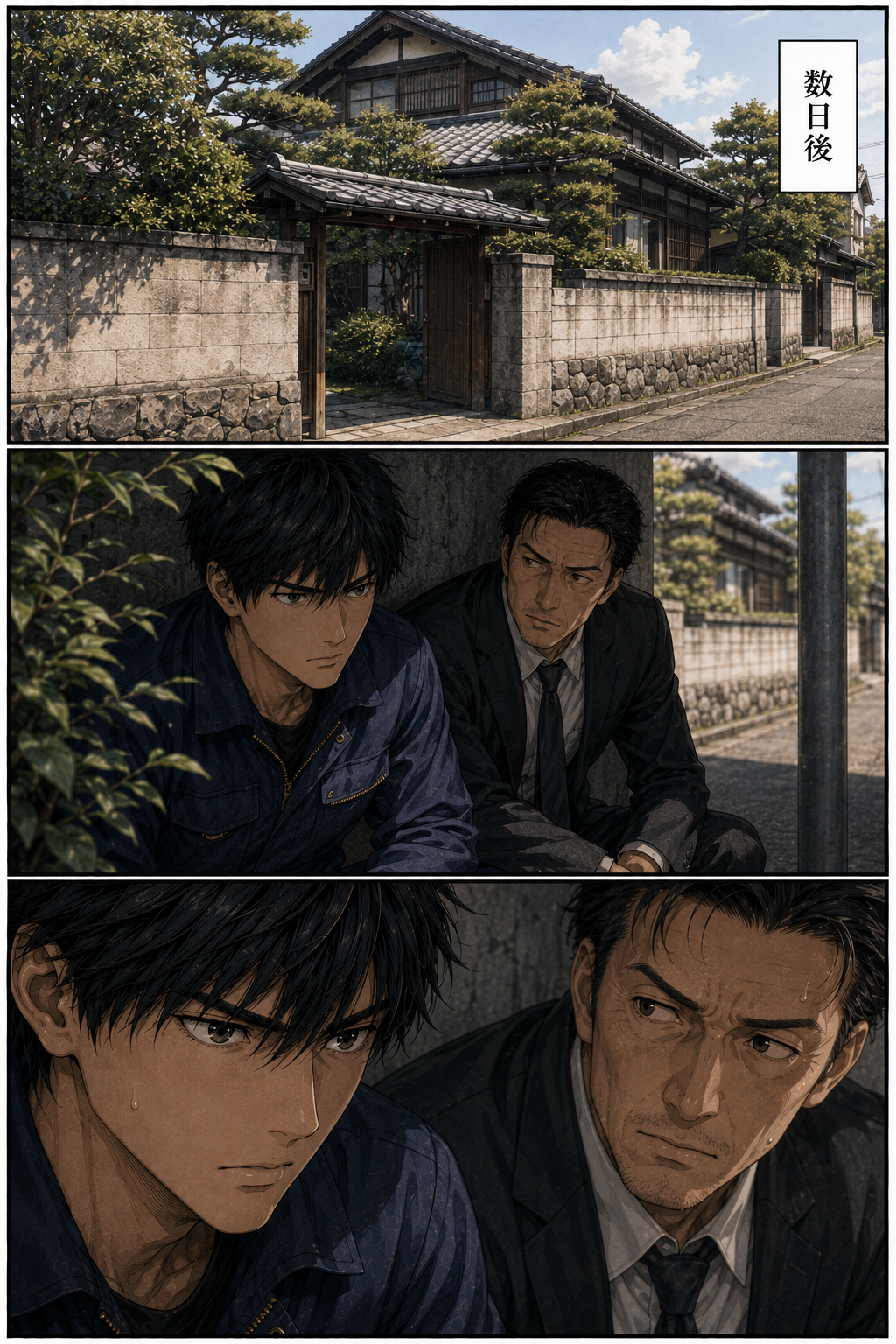 第3話 14ページ目｜数日後。老女の家を見張るカイと犬飼刑事が、塀の陰に身を潜める。