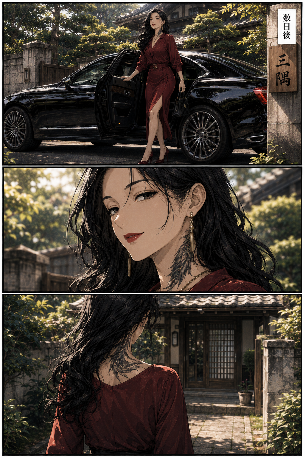 第3話 15ページ目｜一台の黒塗りの車が横づけされ、赤いドレスの女が降り立つ。長い黒髪、首には羽根の入れ墨。妖しい笑みを浮かべて門をくぐる。