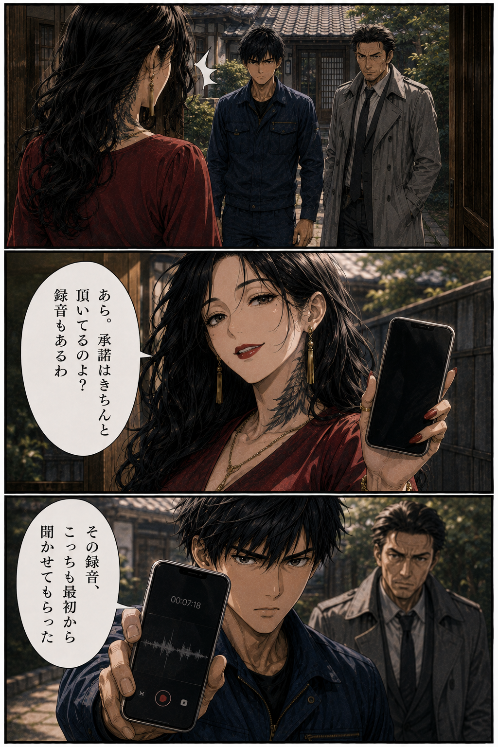 第3話 16ページ目｜待ち構えていたカイと犬飼の前で、女は余裕の笑み。「あら。承諾はきちんと頂いてるのよ？録音もあるわ」。カイがスマホを掲げる。「その録音、こっちも最初から聞かせてもらった」