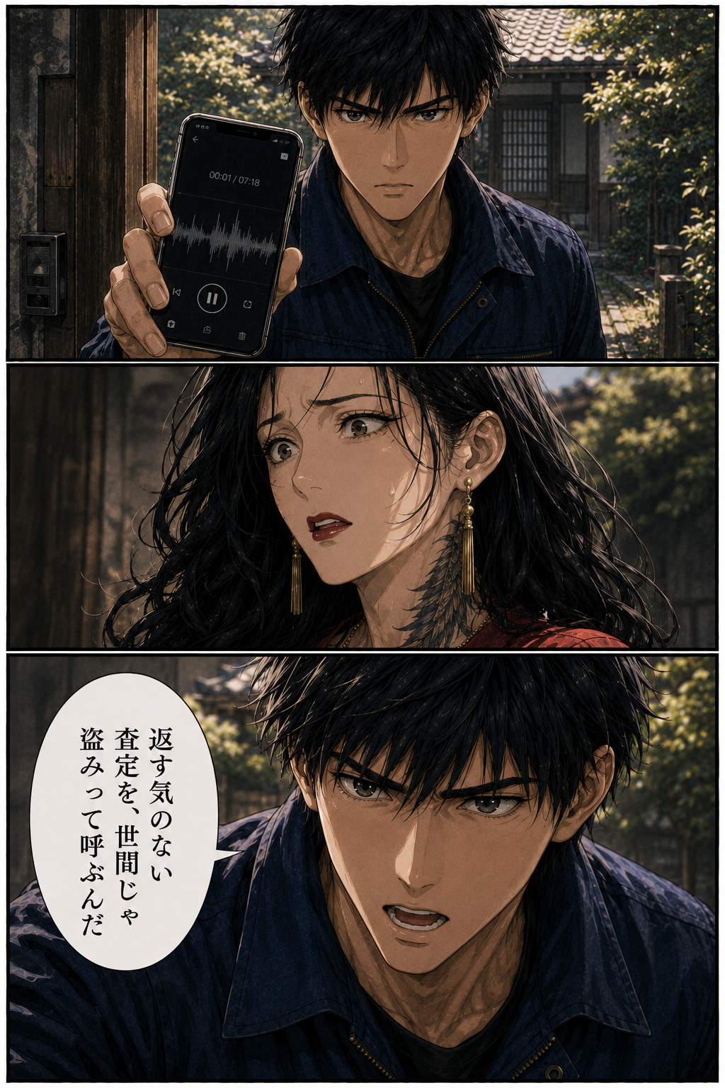 第3話 17ページ目｜再生される録音データ。顔色を変える女に、カイが言い放つ。「返す気のない査定を、世間じゃ盗みって呼ぶんだ」