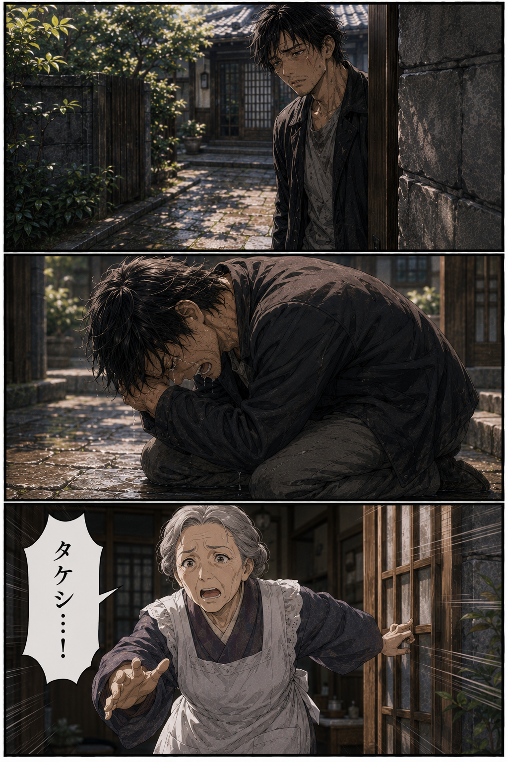 第3話 18ページ目｜門の外に、やつれた息子が現れる。石畳に崩れ落ち、声を上げて泣く息子。母が手を伸ばして叫ぶ。「タケシ……！」