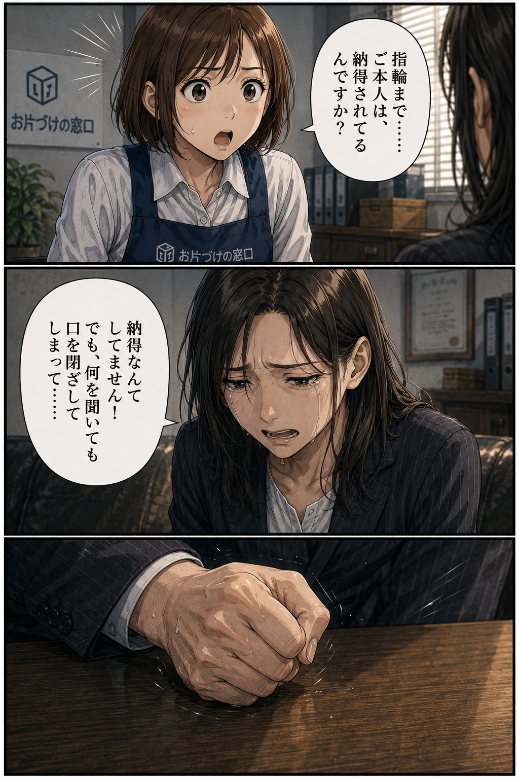 第3話 2ページ目｜ヒナ「指輪まで……。ご本人は、納得されてるんですか？」。女性「納得なんてしてません！でも、何を聞いても口を閉ざしてしまって……」。テーブルの上で握りしめられた拳。