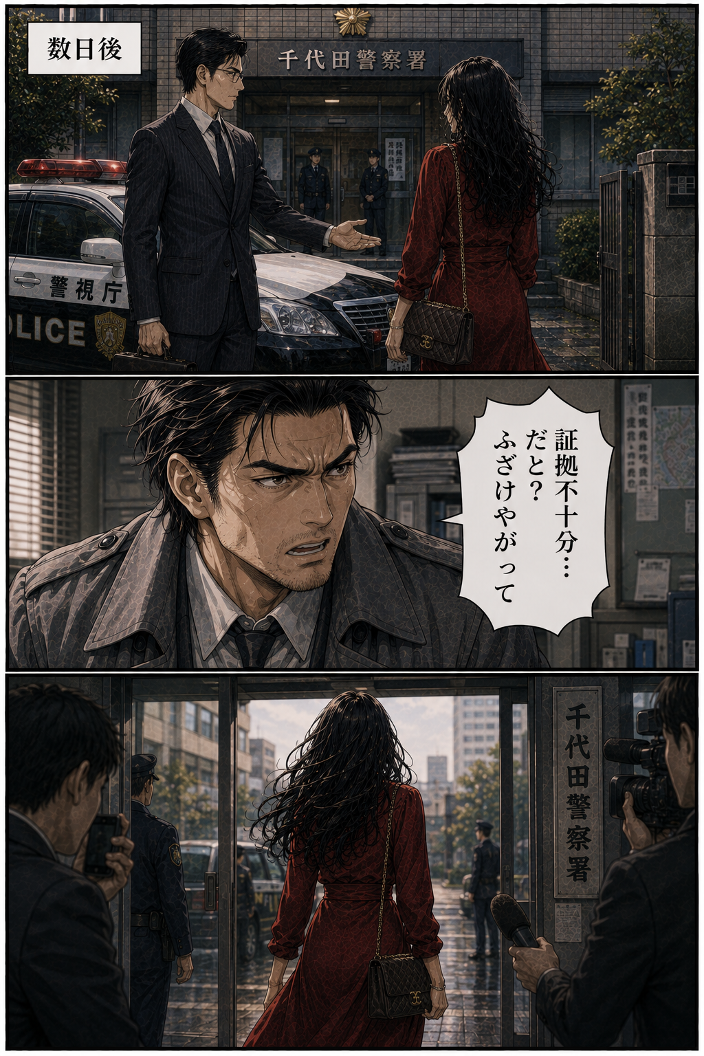 第3話 20ページ目｜数日後、千代田警察署。弁護士とともに女が署から出てくる。歯噛みする犬飼。「証拠不十分…だと？ふざけやがって」。詰めかける報道陣。