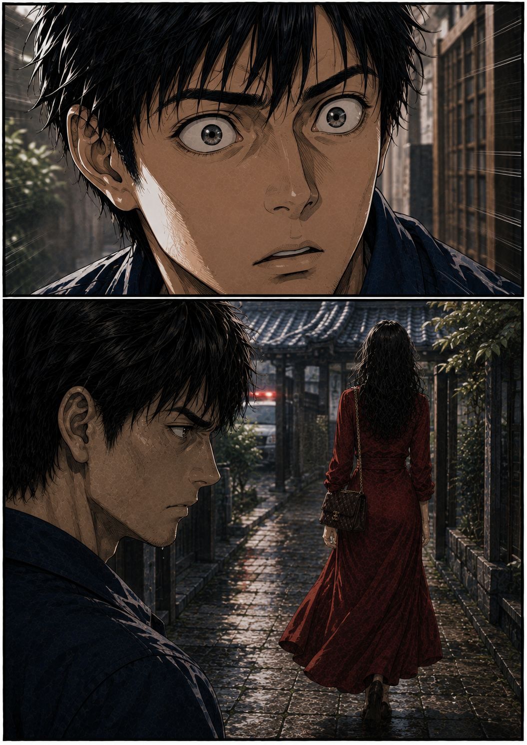 第3話 22ページ目｜目を見開いて息を呑むカイ。振り返ることなく、雨に濡れた石畳を去っていく赤いドレスの背中。