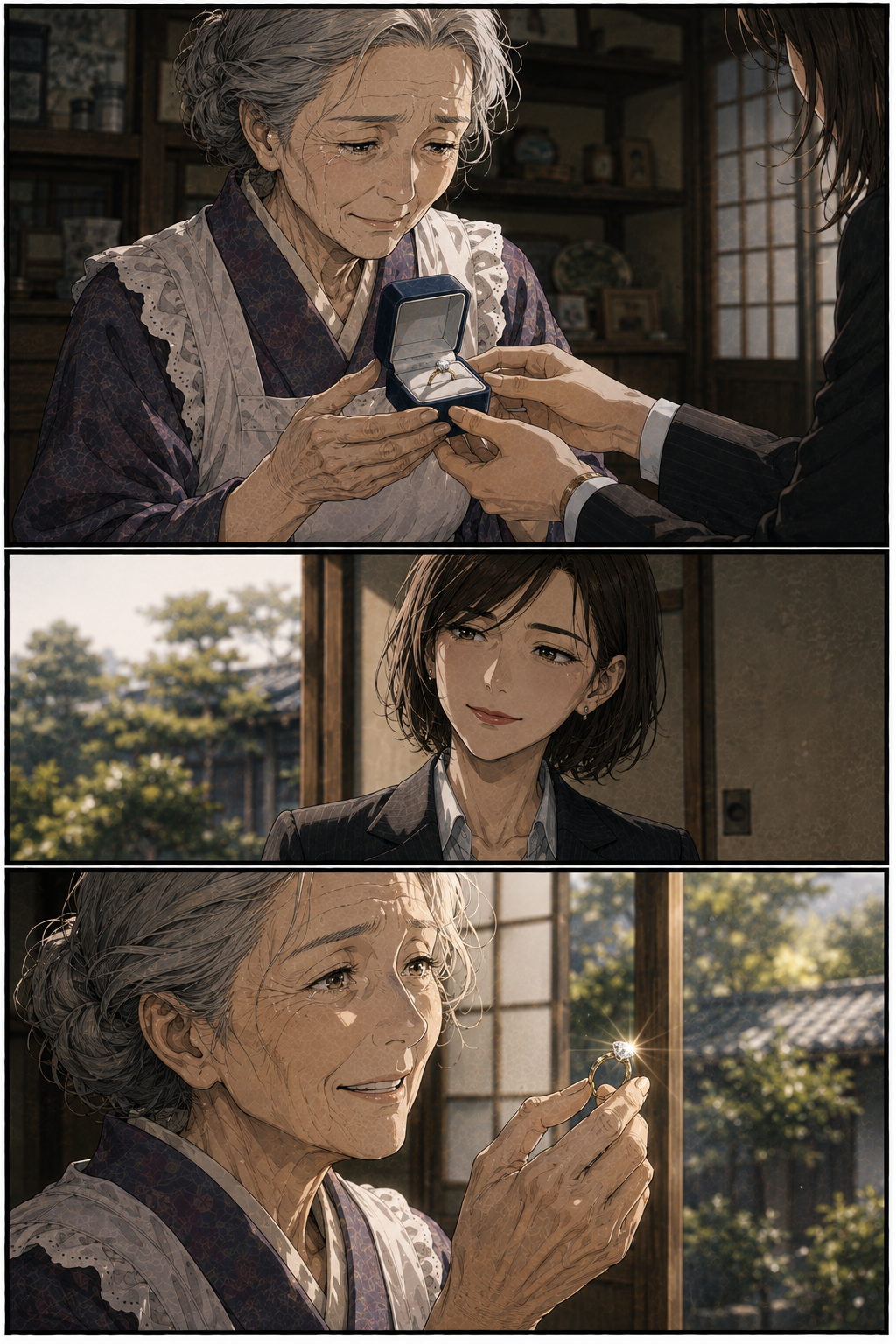 第3話 23ページ目｜後日、老女の家。娘の手から指輪の箱が母へと戻される。涙ぐむ娘。老女は指輪を光にかざし、静かに微笑む。